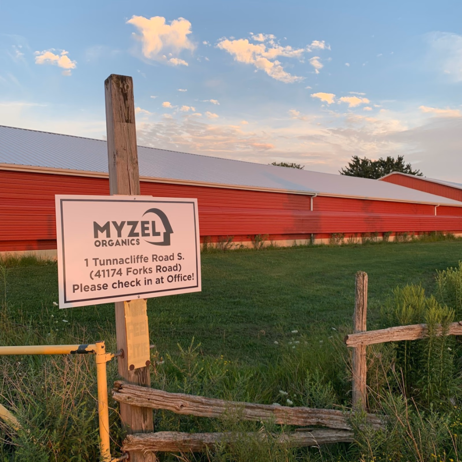 Myzel Organics farm and entrance sign in Wainfleet, Ontario