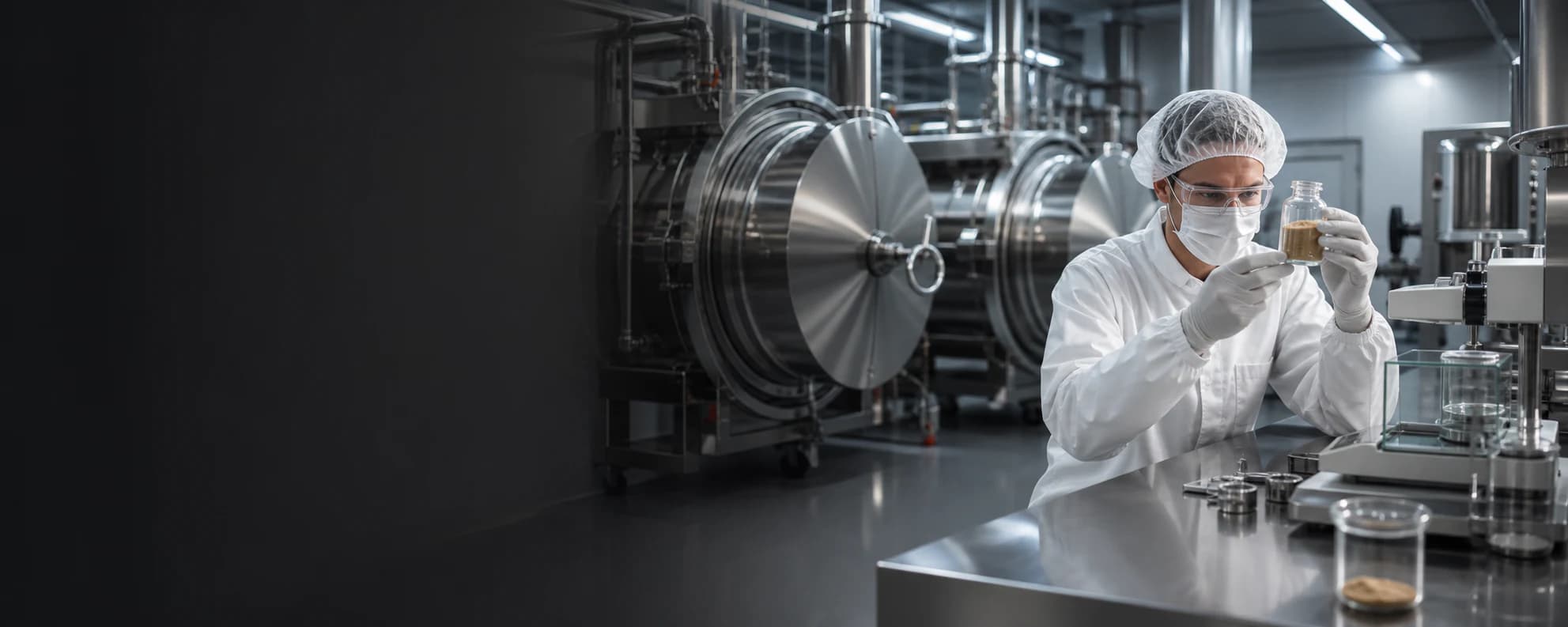 Quality technician inspecting functional mushroom powder in a controlled manufacturing facility